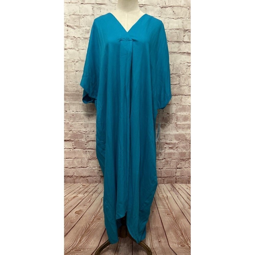 Liz Claiborne Dress XXL Turquoise Kaftan Long Shift Midi Dolman Sleeve Rayon NEW
